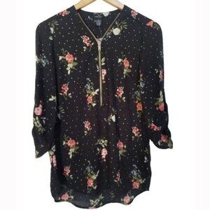 Rue 21 Black Floral 1/2 Zip Roll Tab Sleeve Blouse Women's Sz S